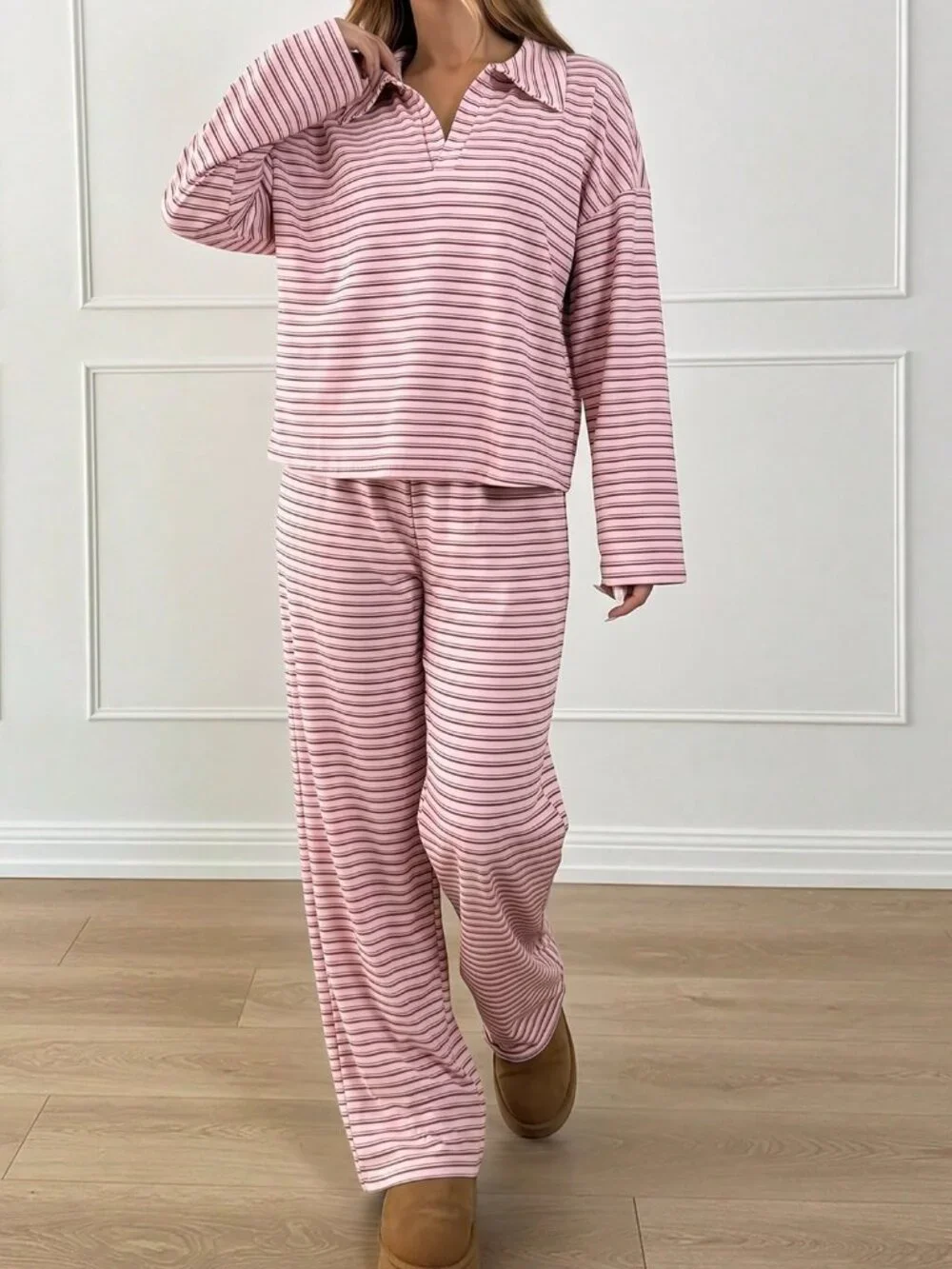 Pink Casual Women's Striped V-Neck Drop Shoulder Long Sleeve T-Shirt & Pants Set